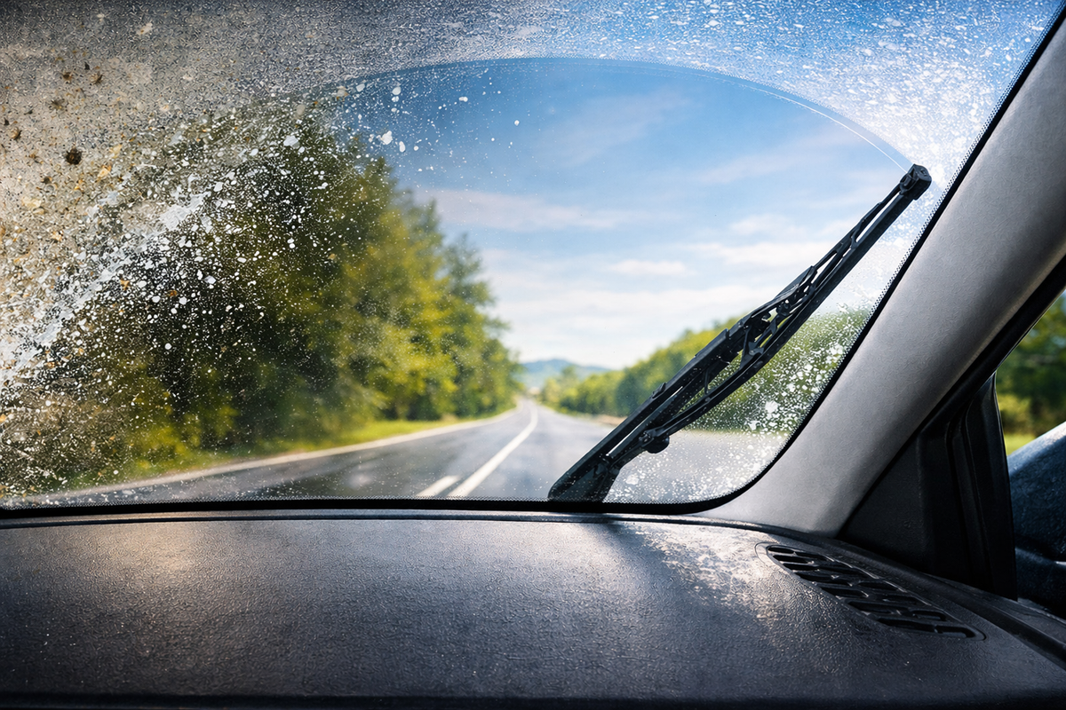 autoscheibe mit scheibenwischer auf einer straße aus sicht des fahrers mit Scheibenreiniger