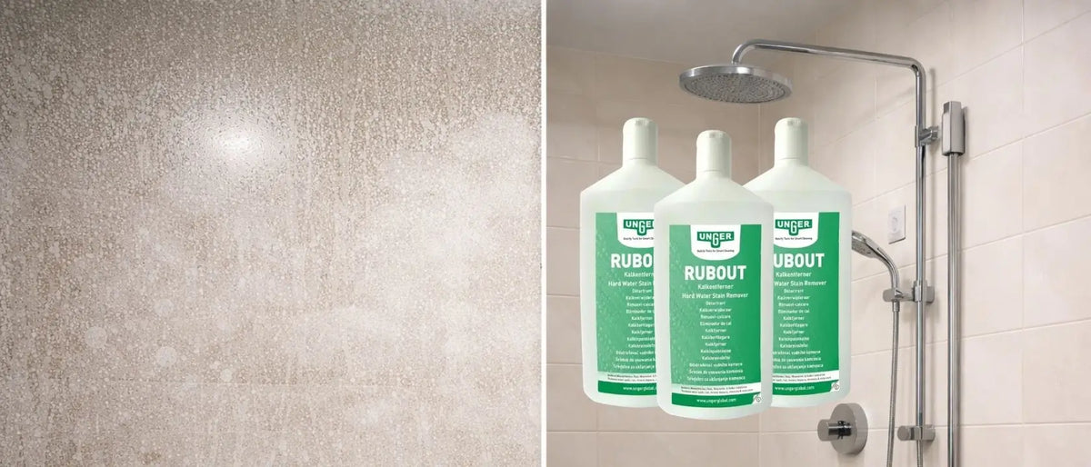 Dusche mit verkalkter Glaswand und Unger Rubout Kalklöser