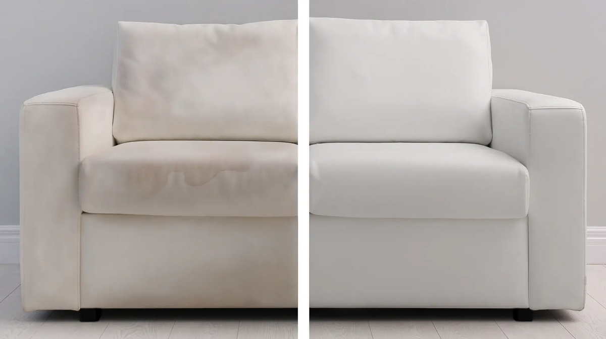 Polsterreinigung einer weißen Couch als Vorher-Nachher-Bild