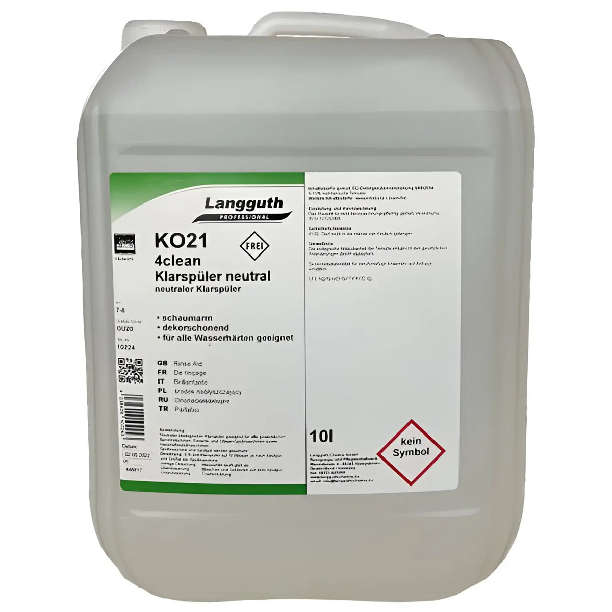 Weißer undurchsichtiger kunststoffbehälter 10l mit grün-weißem langguth label für 4clean KO21 klarspüler neutral