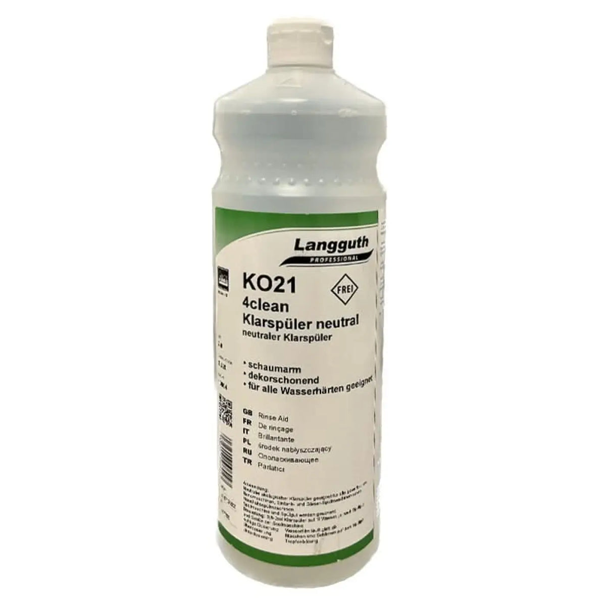 Langguth professional ko21 4clean neutral klarspüler in einer halbtransparenten weißen plastikflasche mit grünem und weißem etikett
