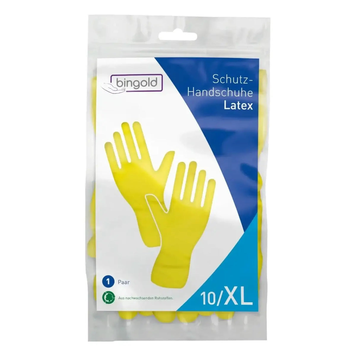 Bingold latex schutzhandschuhe gelb in klarer plastikverpackung mit blauer und weißer etikettierung