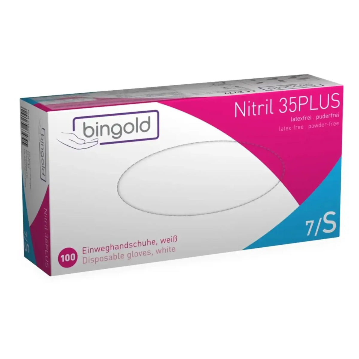 A box of bingold nitril 35plus white powder free disposable nitrile gloves with pink and blue design 100 pieces