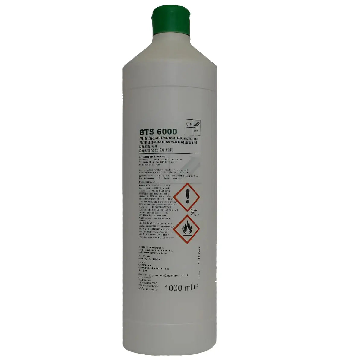 Weiße kunststoffflasche bio-tec bts 6000 mit grünem deckel und schwarzem etikett 1 liter flächendesinfektionsmittel