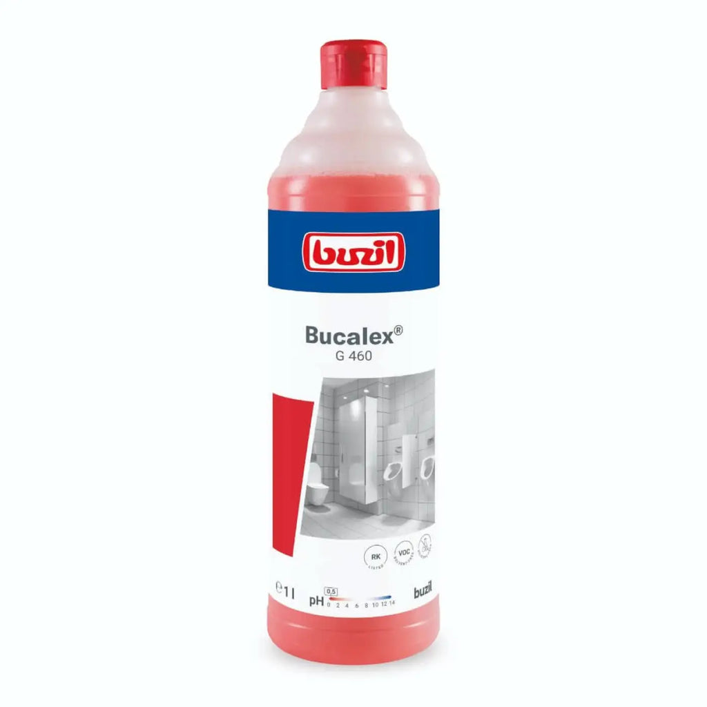 Rote plastikflasche buzil bucalex g460 sanitärgrundreiniger 1l mit rotem verschluss und blauem etikett