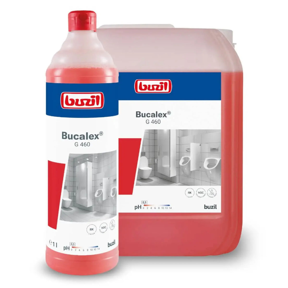 Roter bucalex g460 sanitärgrundreiniger in plastikflasche und kanister mit blauen und weißen buzil etiketten