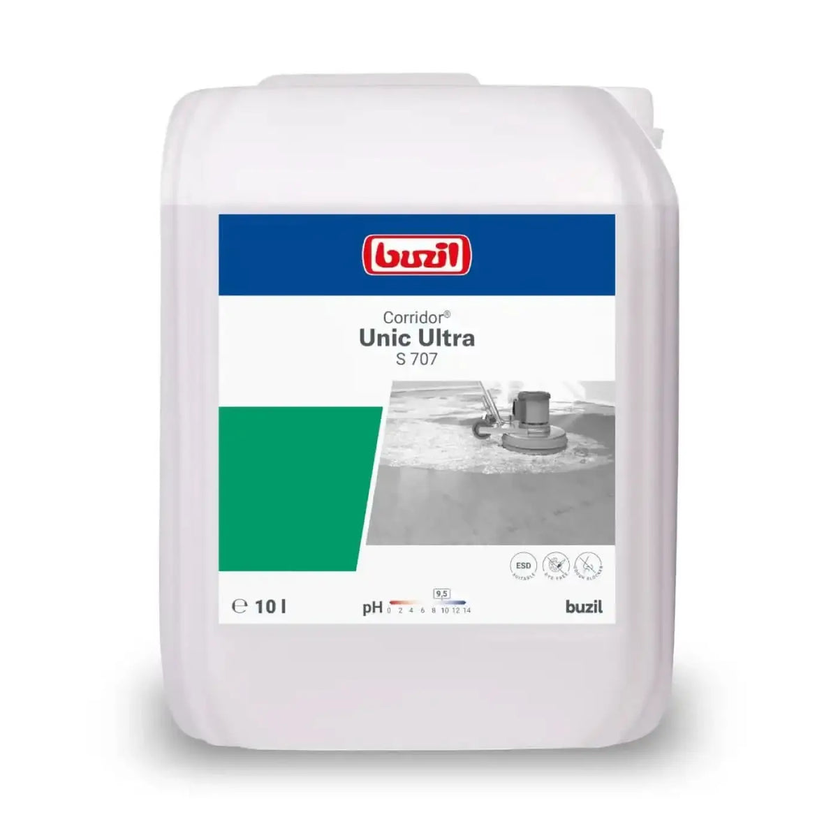 Weißer kunststoffbehälter mit buzil corridor unic ultra s707 reinigungslösung, blau-grünes etikett, 10 liter