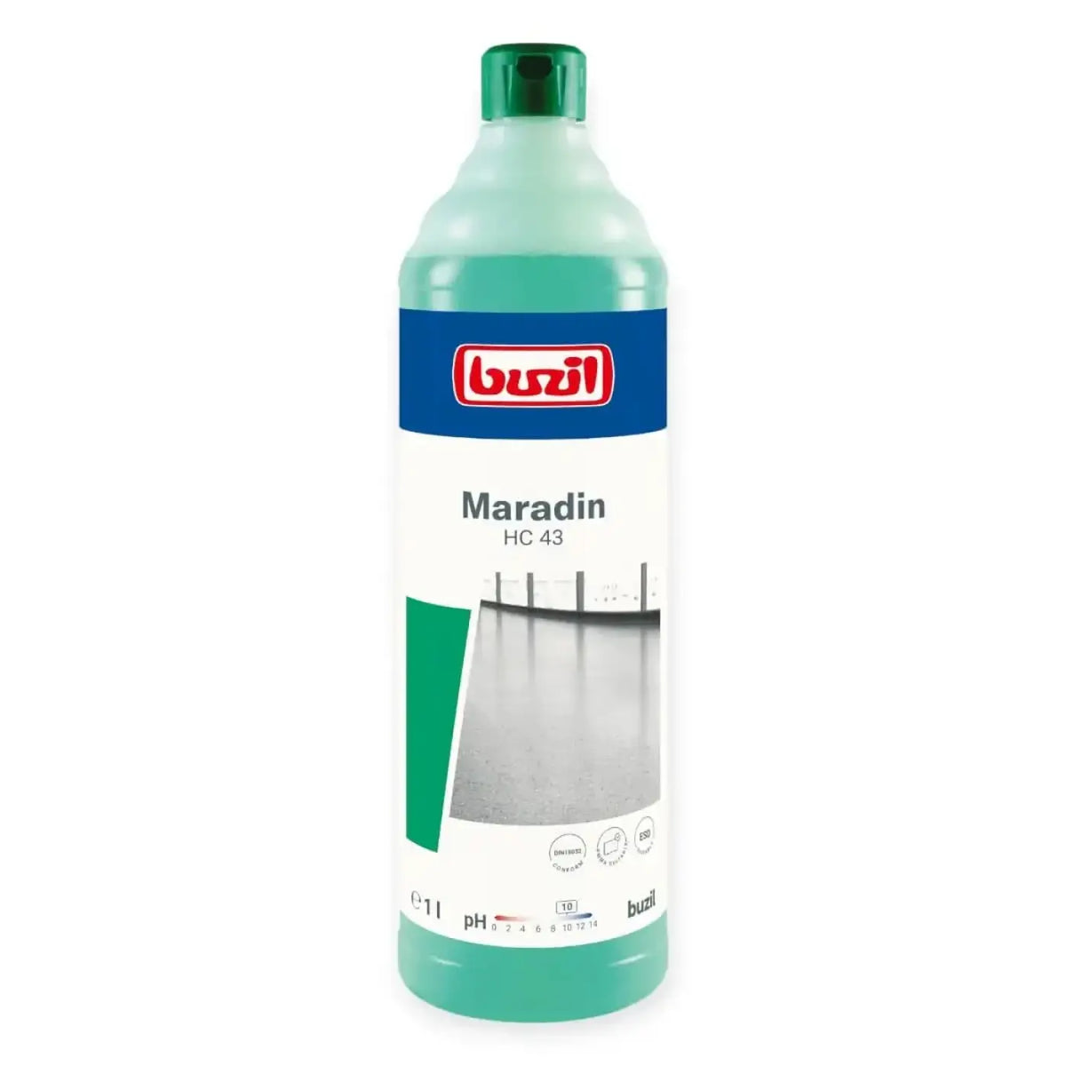 Eine durchscheinend grüne flasche von buzi maradin hc43 bodenintensivreiniger 1l mit dunkelgrünem verschluss und weißem etikett