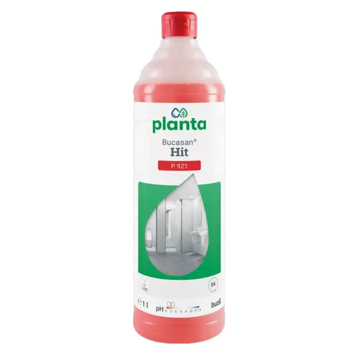 Eine transluzente rosa flasche mit rotem deckel und weißem etikett zeigt buzil planta bucasan hit p921 sanitärreiniger 1l