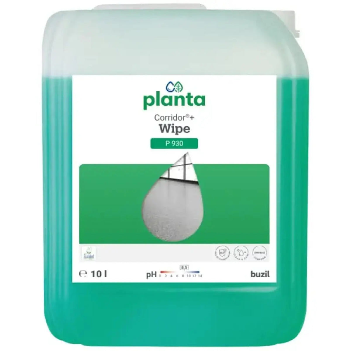 Ein transluzenter grüner 10-liter kanister der ökologische wischpflege buzil planta corridor wipe p930 reinigungslösung