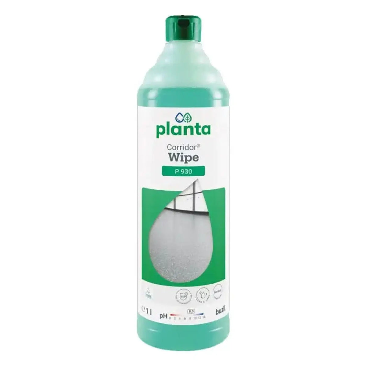 Ein grüner plastikflasche von buzil planta corridor wipe p930 ökologische wischpflege mit grünem deckel und weißem etikett