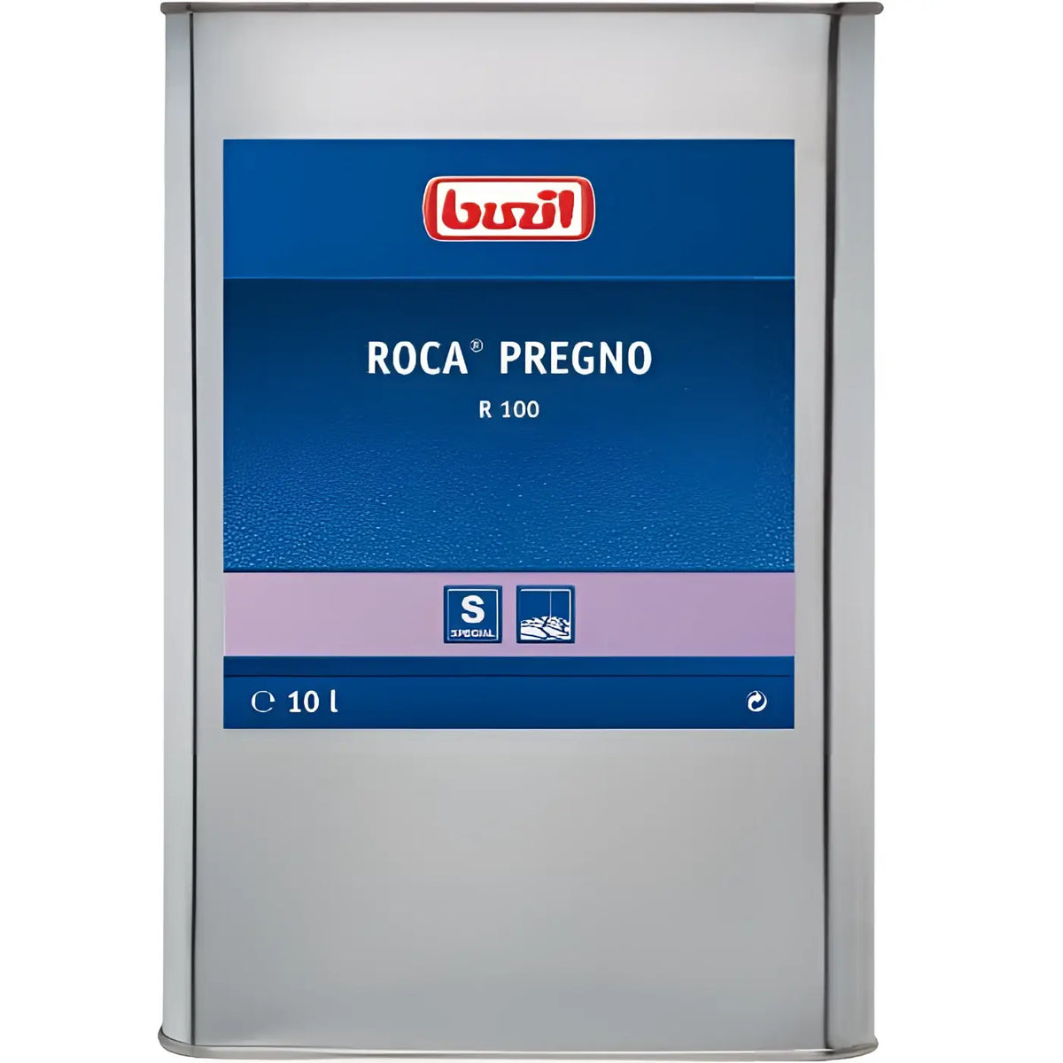 Silberner metallbehälter von buzil roca pregno r100 steinimprägnierung 10 liter baukleber