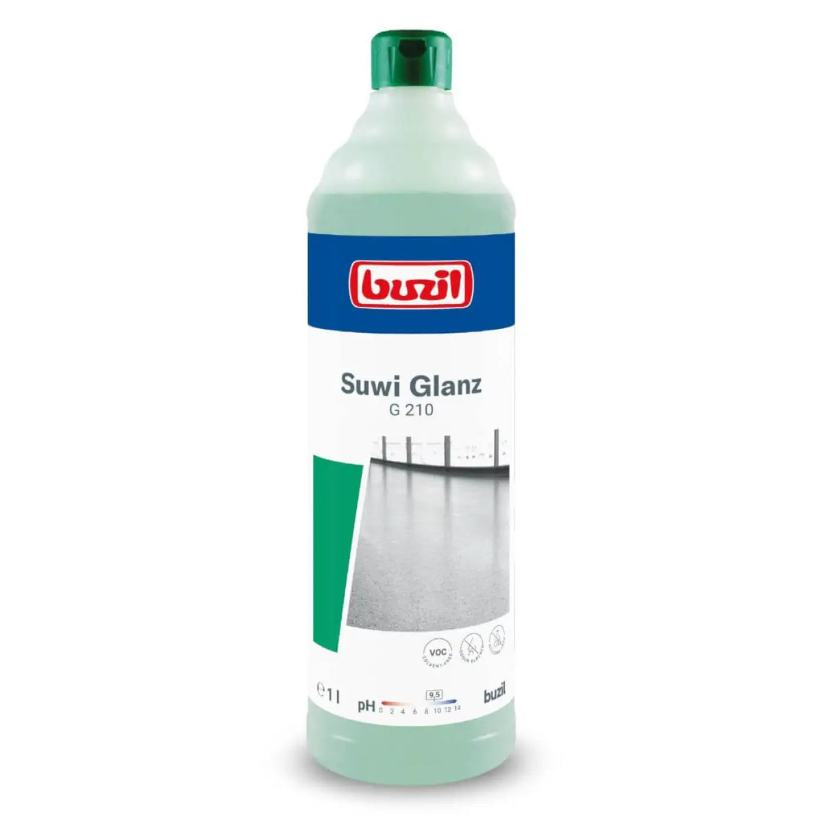 Eine durchsichtige grüne flasche suwi glanz g210 bodenreiniger mit grünem deckel und weißem etikett von atika