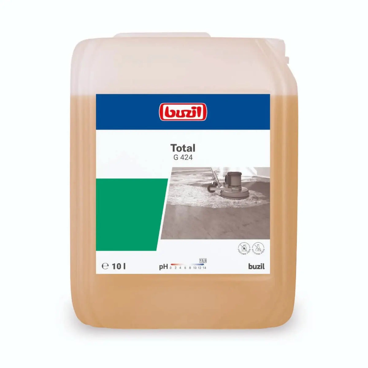 A 10-liter transluzenter beiger kunststoffkanister buzil total g424 industrielle bodenreinigungslösung