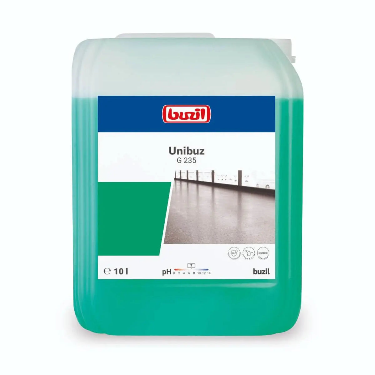 Ein 10 liter transparenter grüner kunststoffbehälter mit buzil unibuz g235 reinigungslösung für wischpflege