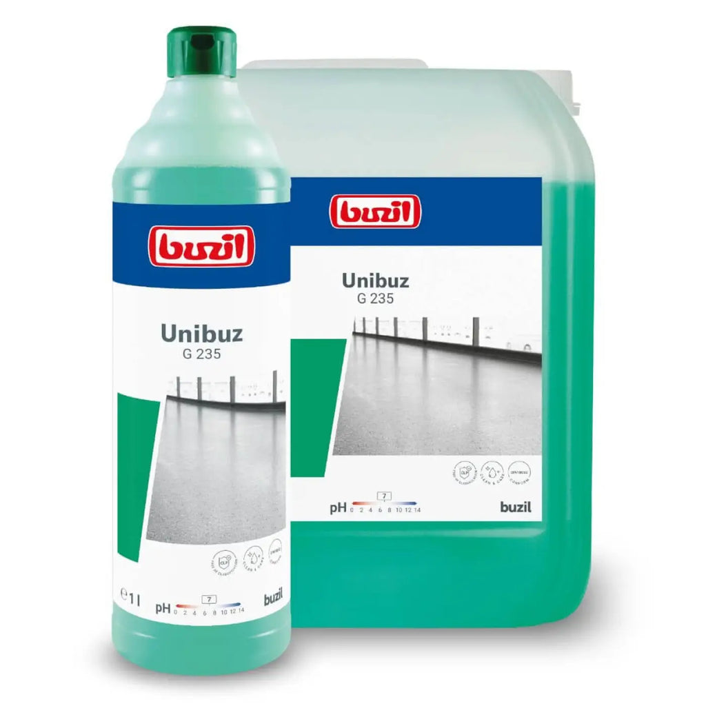 Grüne reinigungslösung in plastikflasche und kanne unibuz g 235 von buzil fürs wischen 1l