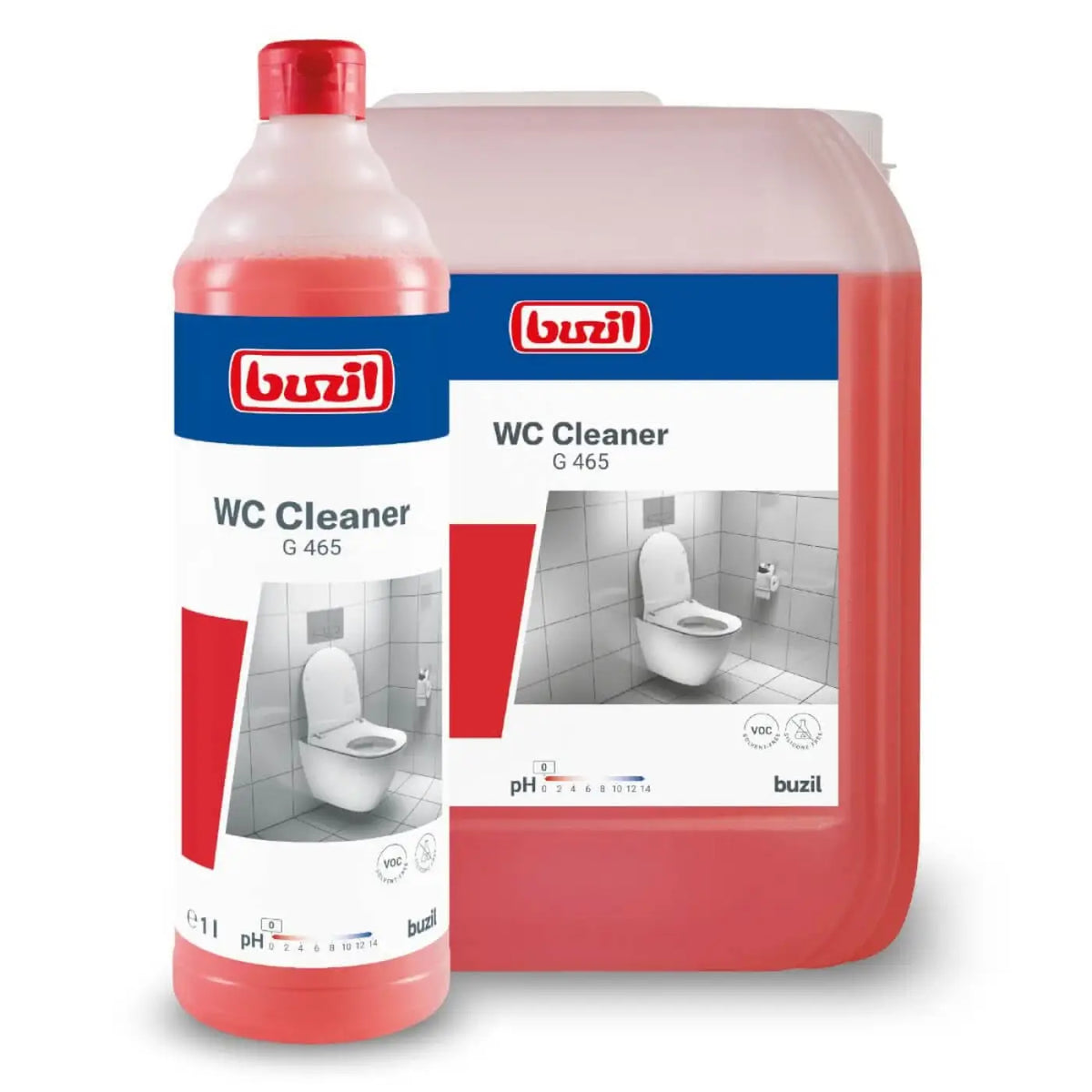 Buzil wc cleaner g465 sanitärgrundreiniger 1l mit roter flüssigkeit in kunststoffflasche und kanister