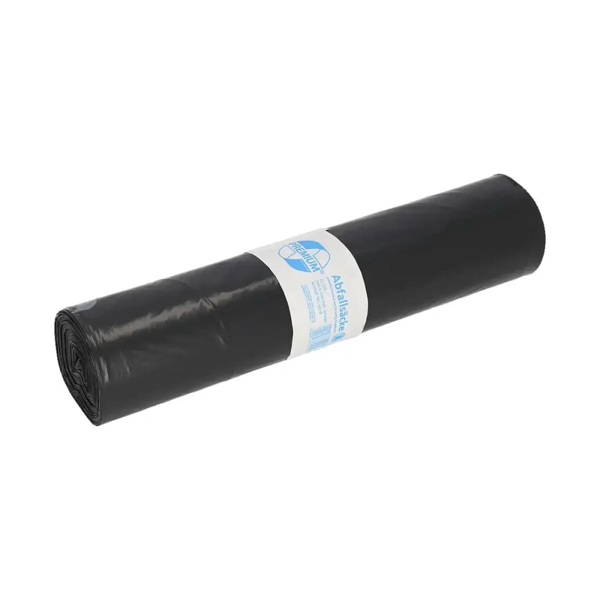 Deiss premium plus 120 liter schwarze müllsäcke aus plastik, gerollt und mit weißem etikett und blauem text versehen