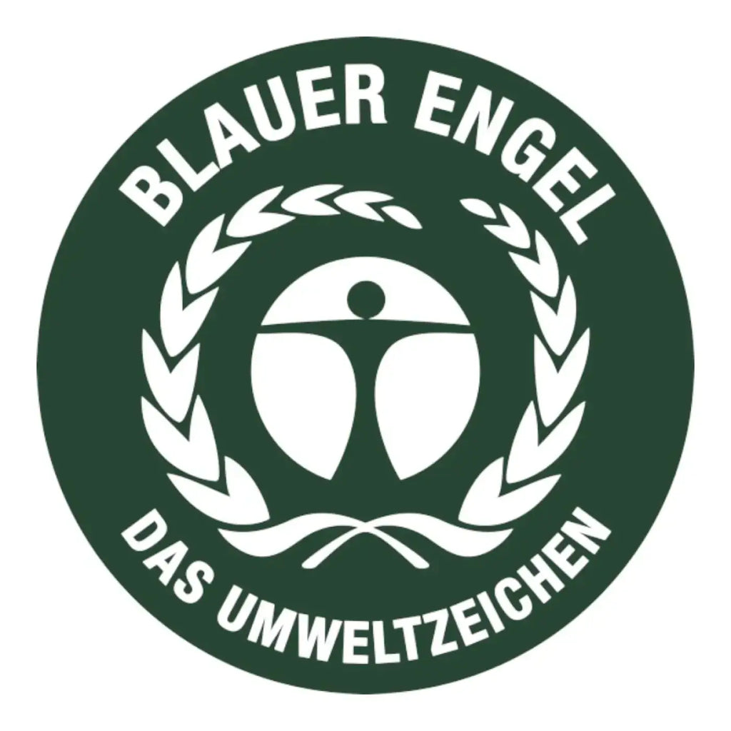 Dunkelgrünes rundes emblem mit weißer menschlicher figur und olivenzweigkranz auf den müllsäcken deiss re source 120 liter