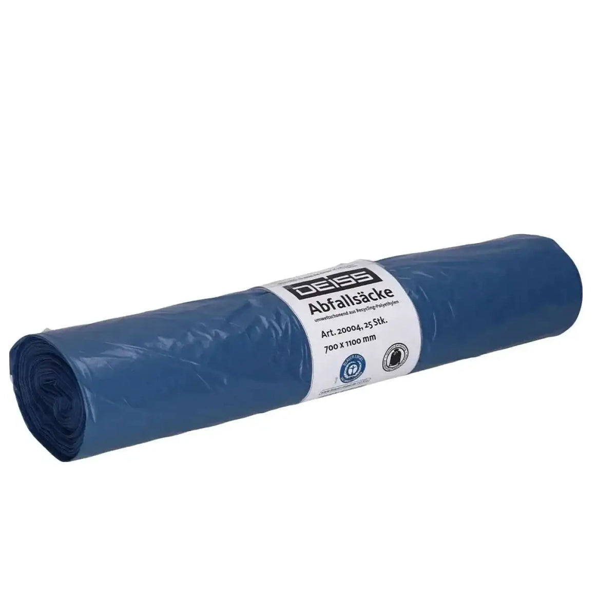 Deiss standard müllsäcke 120 liter blau extra stark rollen mit weißem etikett und schwarzem text