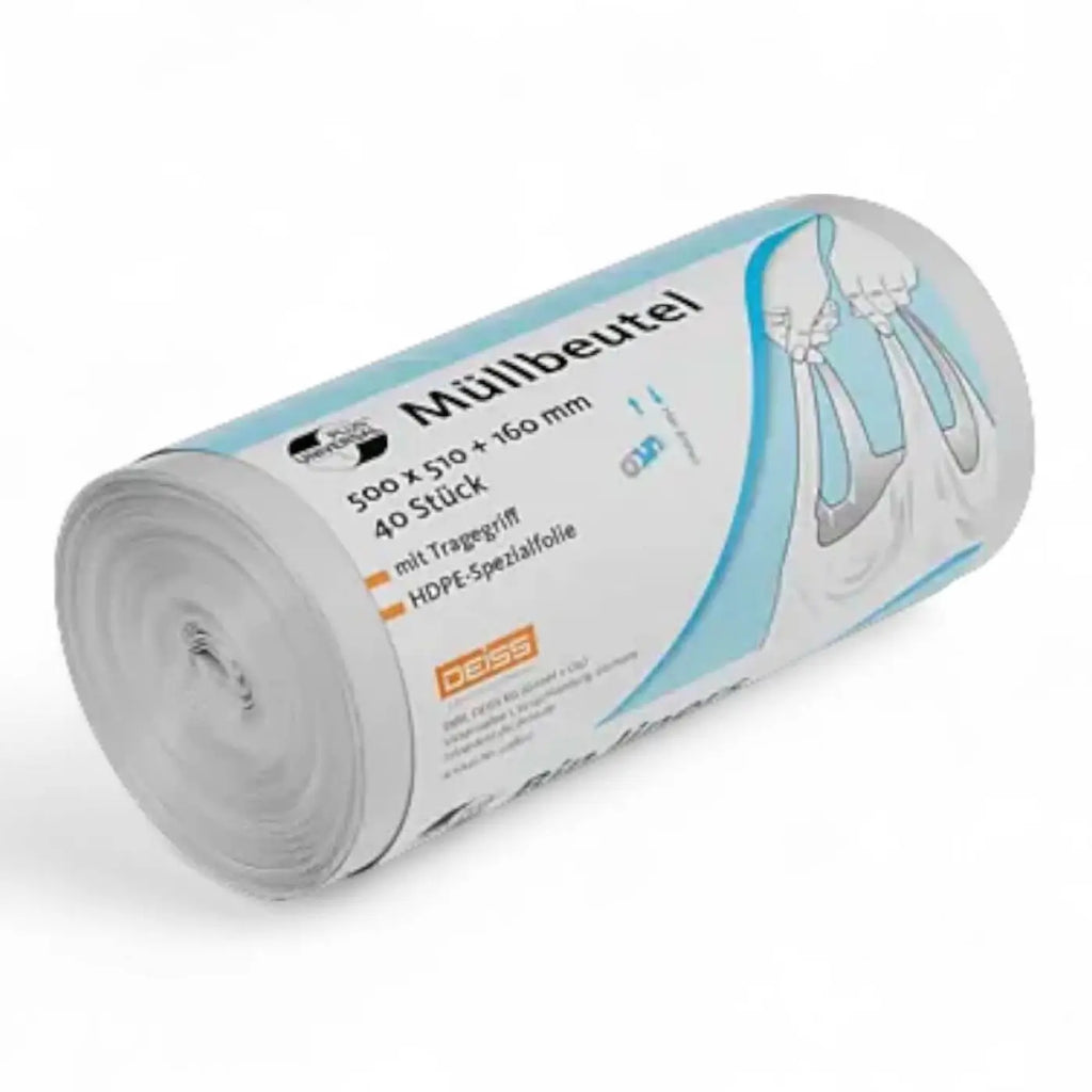 Ein rolle weiße hdpe müllbeutel mit hellblauer und grauer etikettierung und griff für einfachen transport