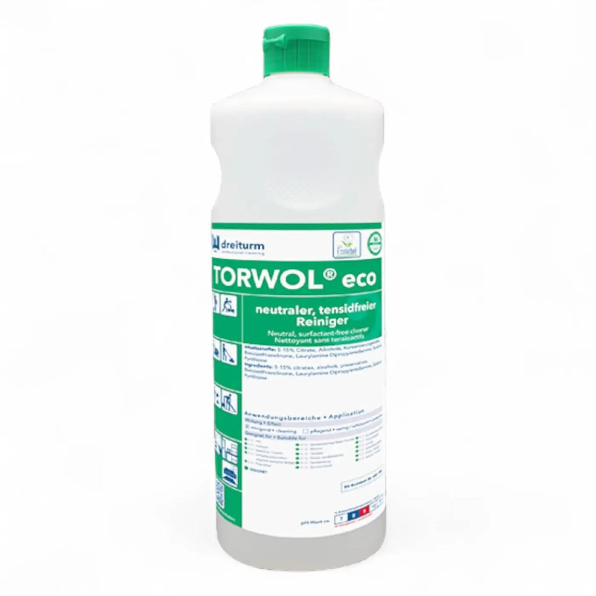 Weiß Kunststoffflasche mit grünem Deckel und Etikett des Torwol eco neutralen tensidfreien Reinigers 1l