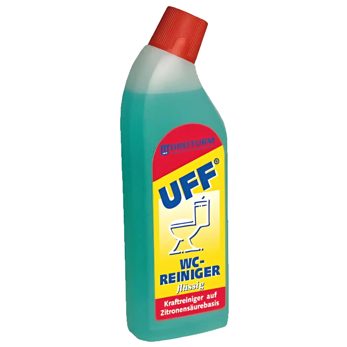 Drei­turm uff wc-reiniger 750ml flüssiger toilettenreiniger in türkis mit rotem deckel und gelbem etikett mit toilettensymbol