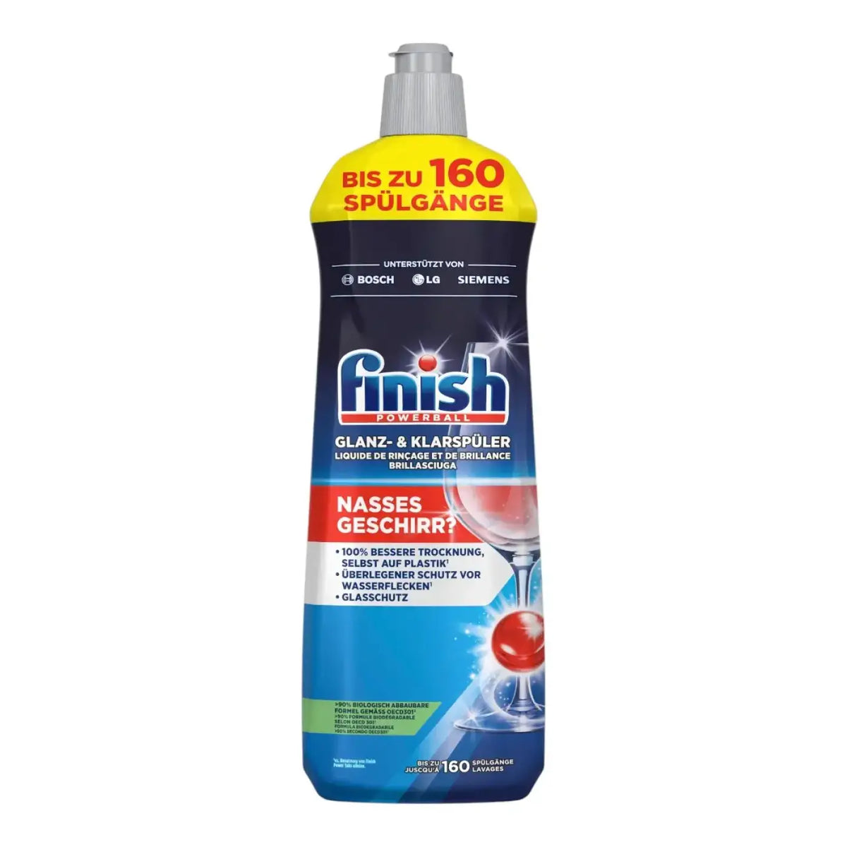 Finish powerball glanz- und klarspüler 800ml spülgänge flasche in blau und gelb mit grauem pumpenspender