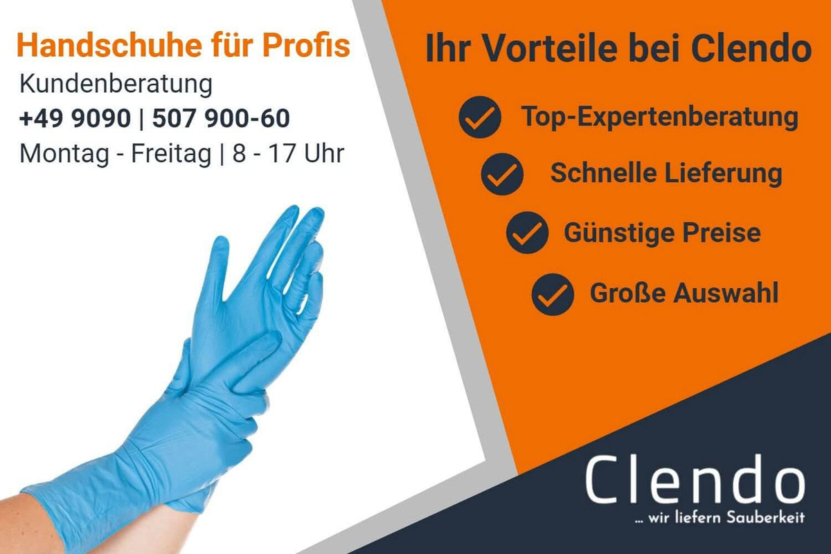 Blaue hygienische vinyl-handschuhe ideal aus latex auf der hand getragen in packung mit 100 stück