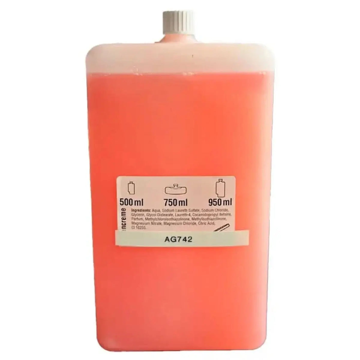Ein durchscheinender rosa flüssigkeitsbehälter mit weißem schraubverschluss und volumenangaben label für funny seifencreme lu 950 ml