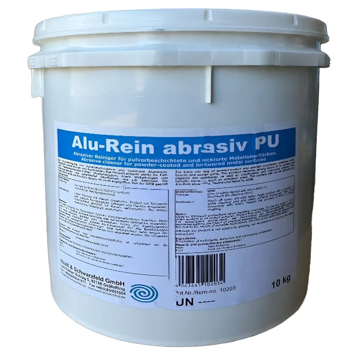 Weißer kunststoffeimer alu-rein abrasiv pu 10 kg von heidt & schwarzfeld mit blau weißem etikett