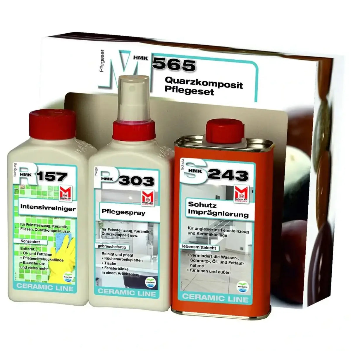 Set aus drei keramik-pflegeprodukten in weißen und roten flaschen mit orangener dose ceramic line von mapei