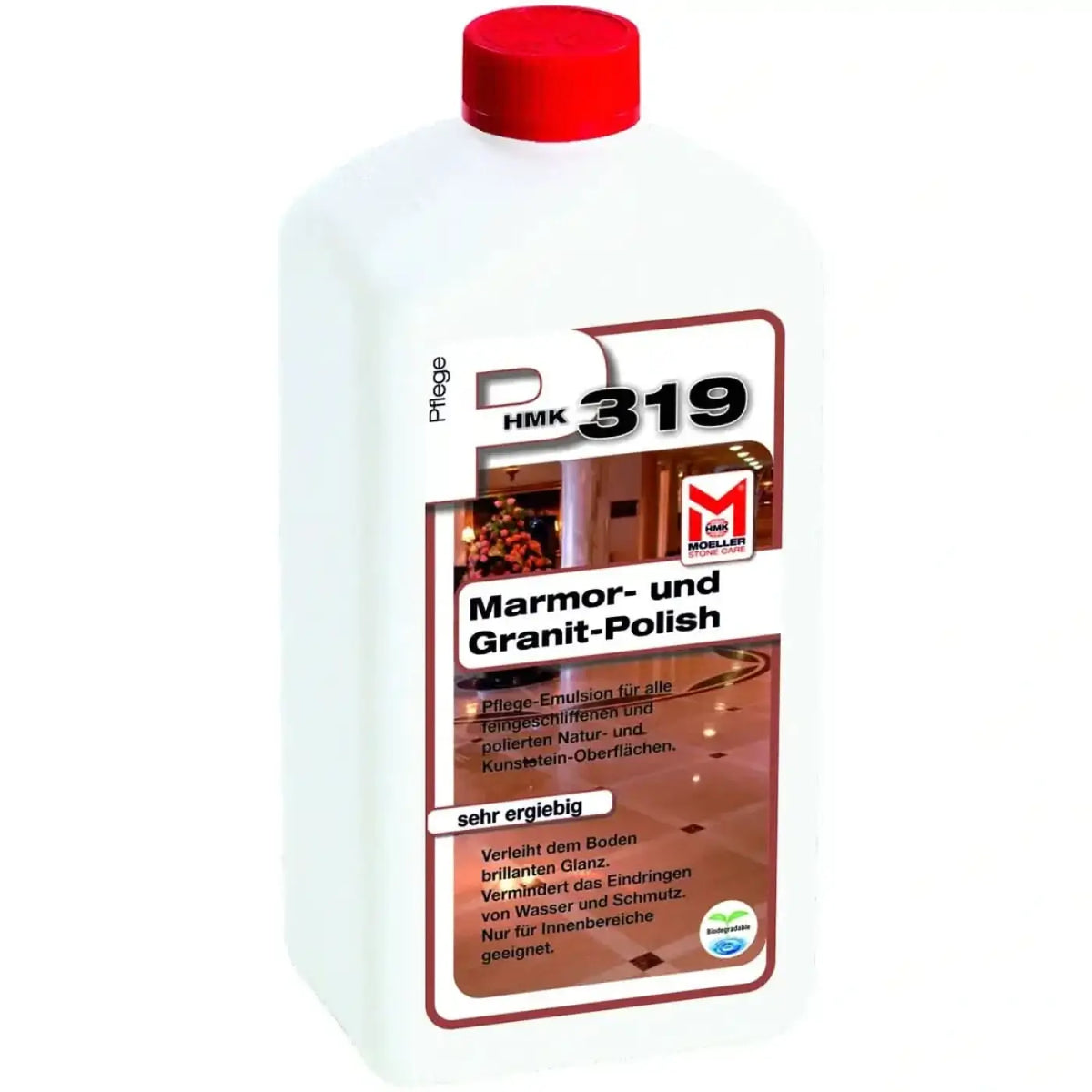 Weiße plastikflasche mit rotem deckel und etikett hmk 319 marmor- und granit-polish von möller stone care 1l