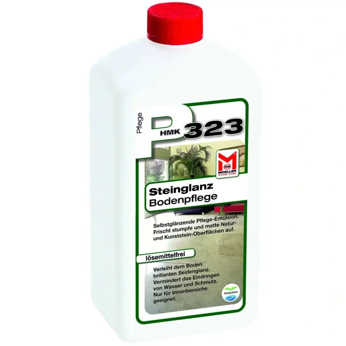 Weiße plastikflasche mit rotem verschluss und grünem etikett für möller stone care hmk 323 steinglanz bodenpflege 1 liter