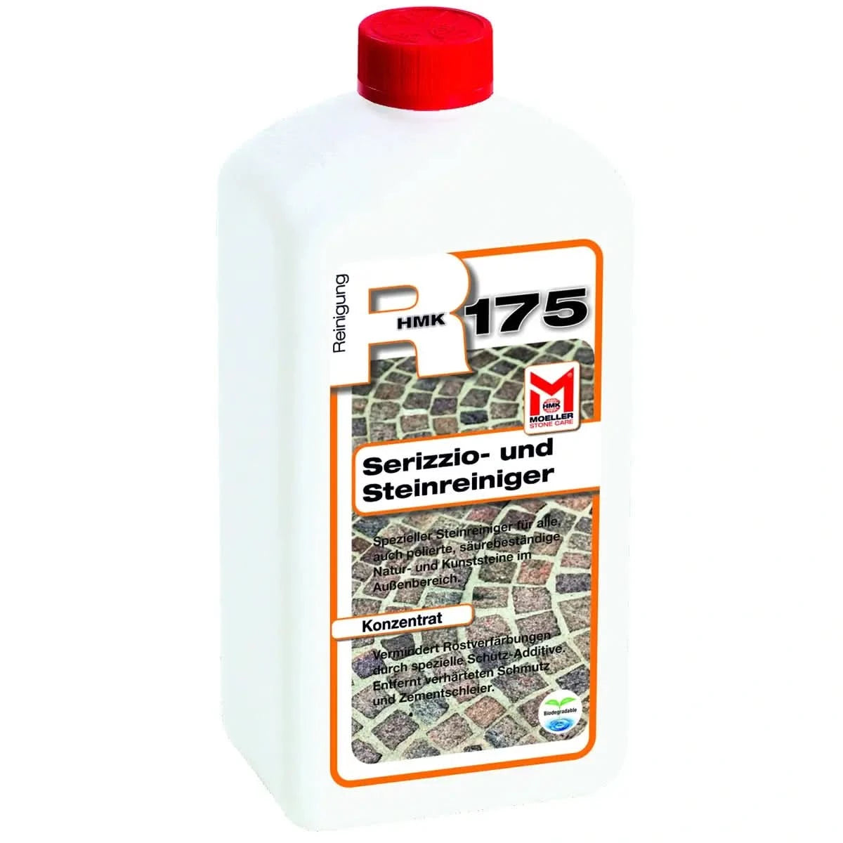 Weiße kunststoffflasche mit rotem deckel und orange umrandetem etikett für möller stone care hmk r175 serizzio und steinreiniger 1l