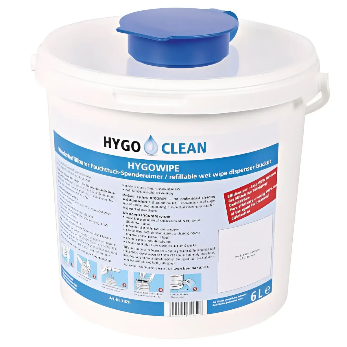 Weißer kunststoffeimer mit blauem deckel und griff von hygo clean zur spendung von feuchttüchern 6 liter