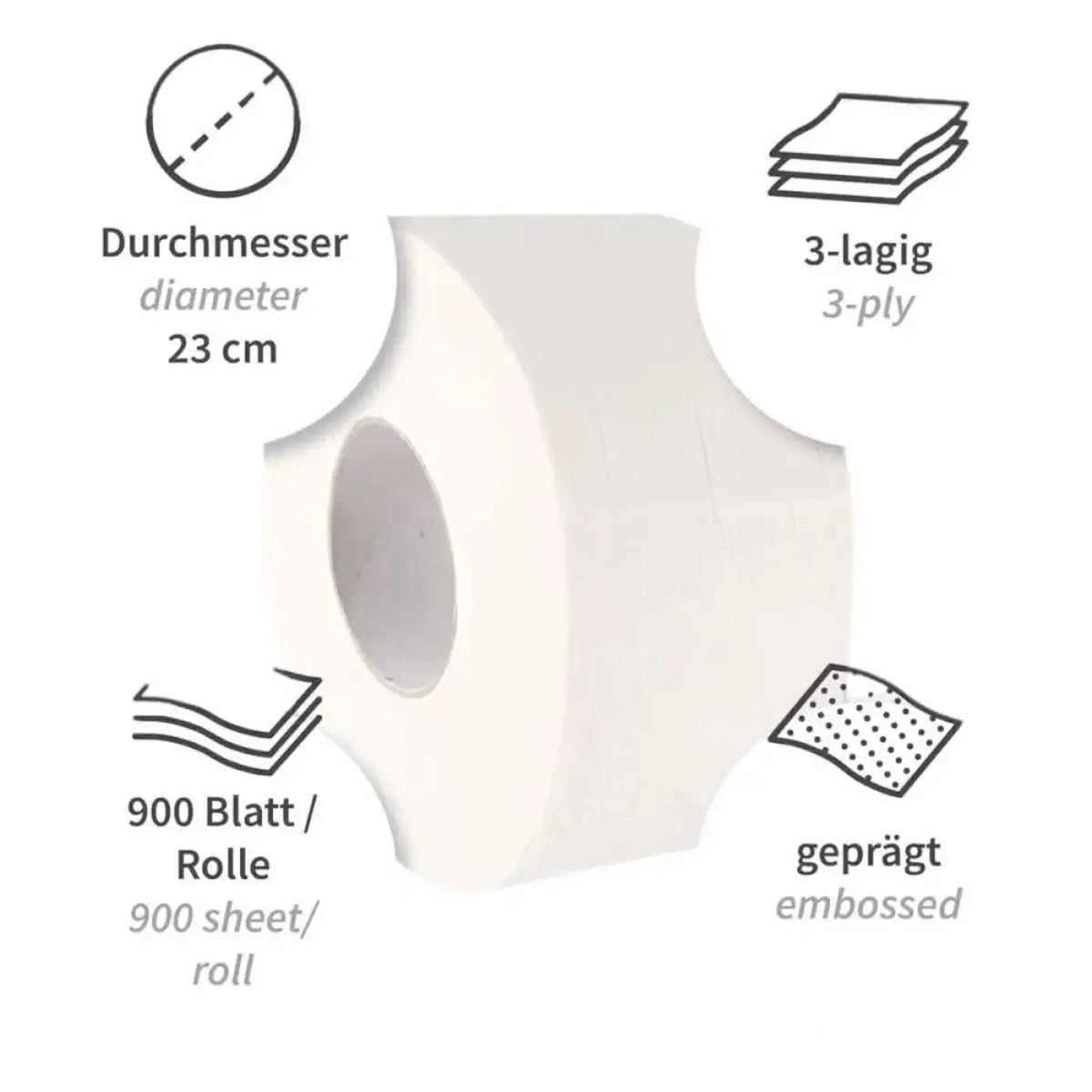 Hygoclean toilettenpapier jumbo 3-lagig weißes 3-ply zellulosepapier mit 23 cm durchmesser und geprägter oberfläche