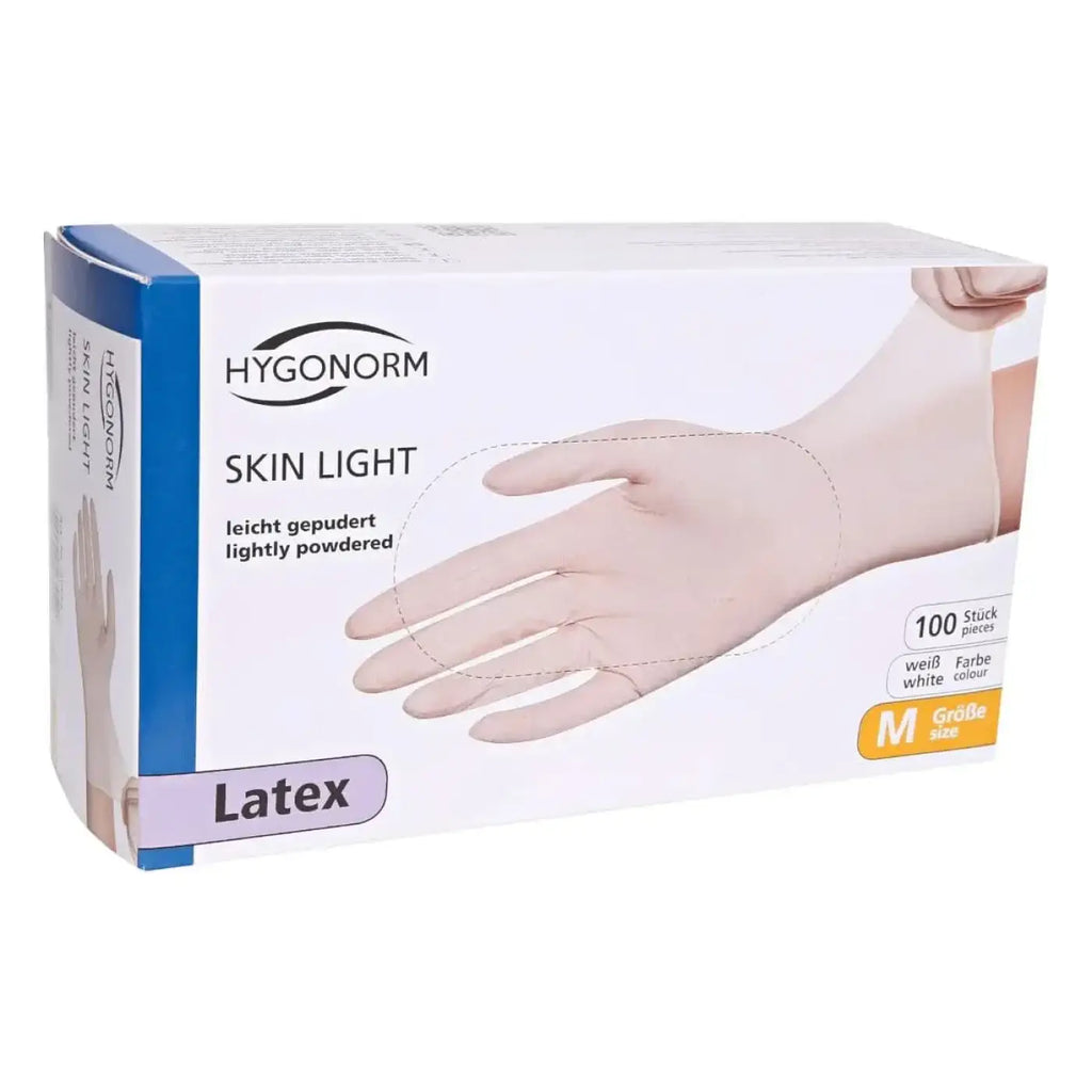 A box of hygonorm skin light latex gloves white lightly powdered 100 pieces for hygienic use