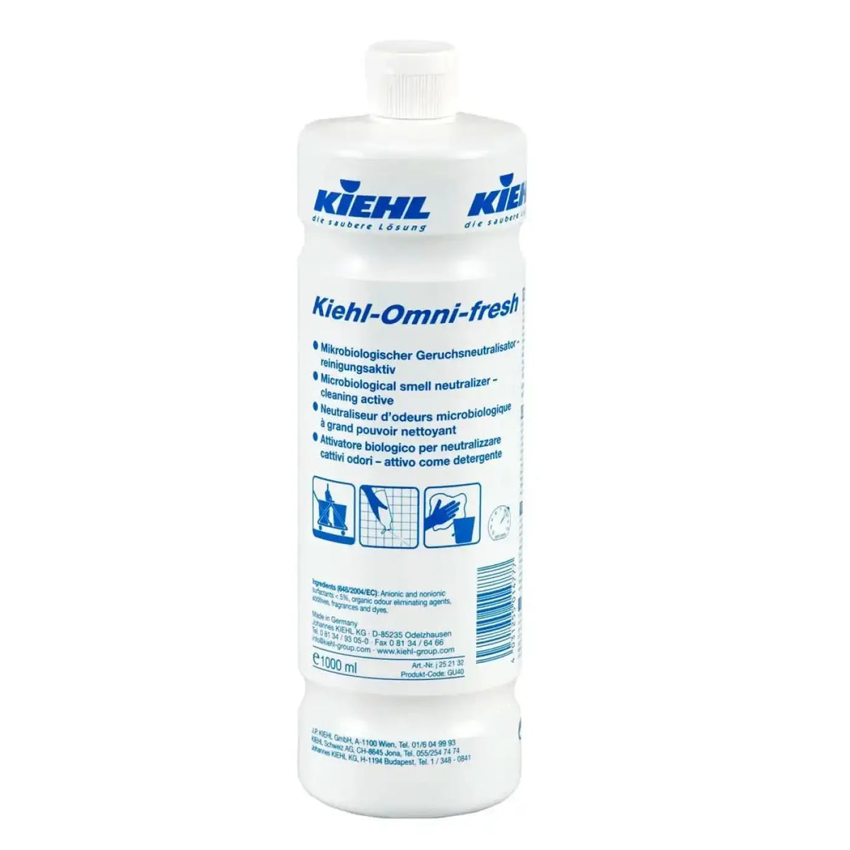 Weiße plastikflasche kiehl omni fresh geruchsneutralisator 1l mit blauem branding und mikrobieller geruchsneutralisierung
