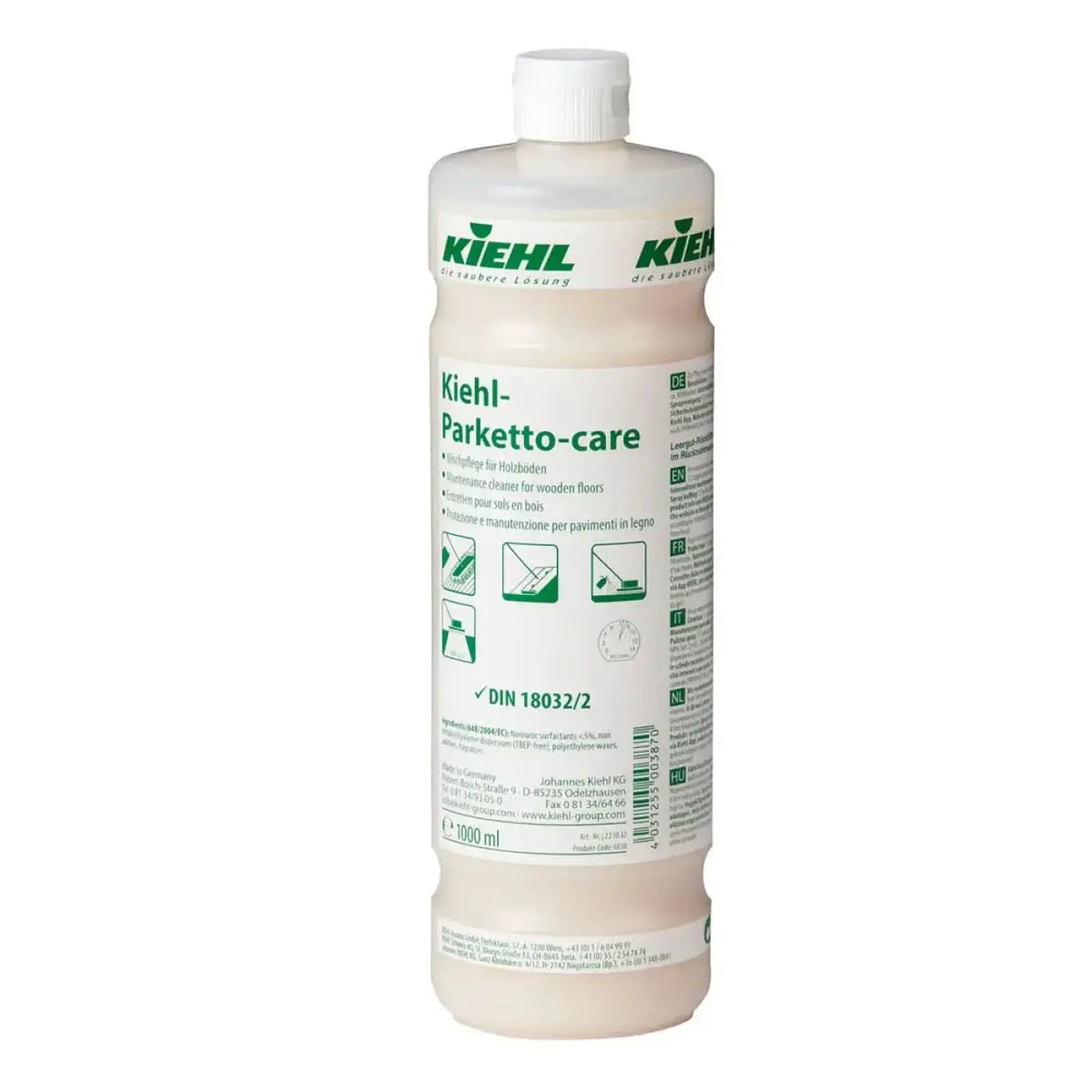 A translucent plastic bottle of kiehl parketto-care wischpflege for wooden floors with white cap and green black label