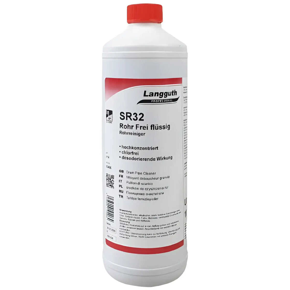 Weiße plastikflasche mit rotem deckel und etikett langguth professional sr32 rohrreiniger 1l flüssig