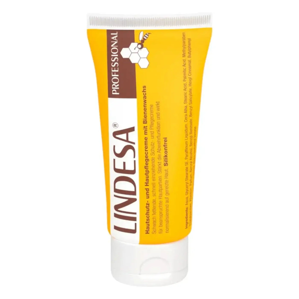 Gelbe und weiße tube lindesa pure professional hautschutzcreme mit honigbasierter hand und hautpflege