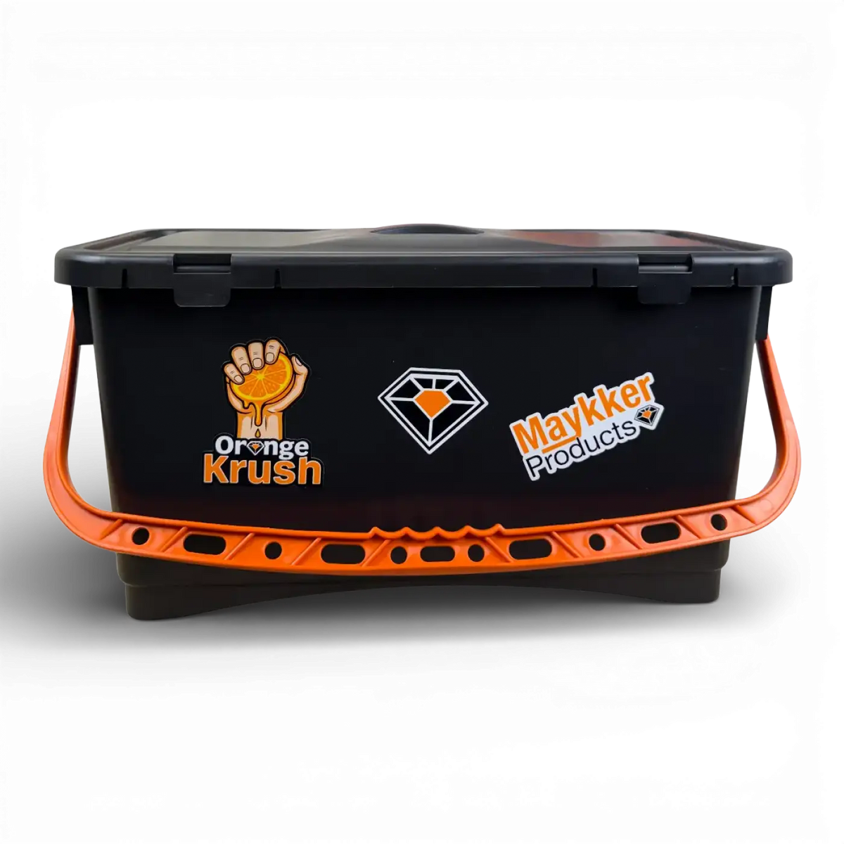 Schwarzer plastik eimer mit orangenem griff und Maykker logo 22 liter volumen