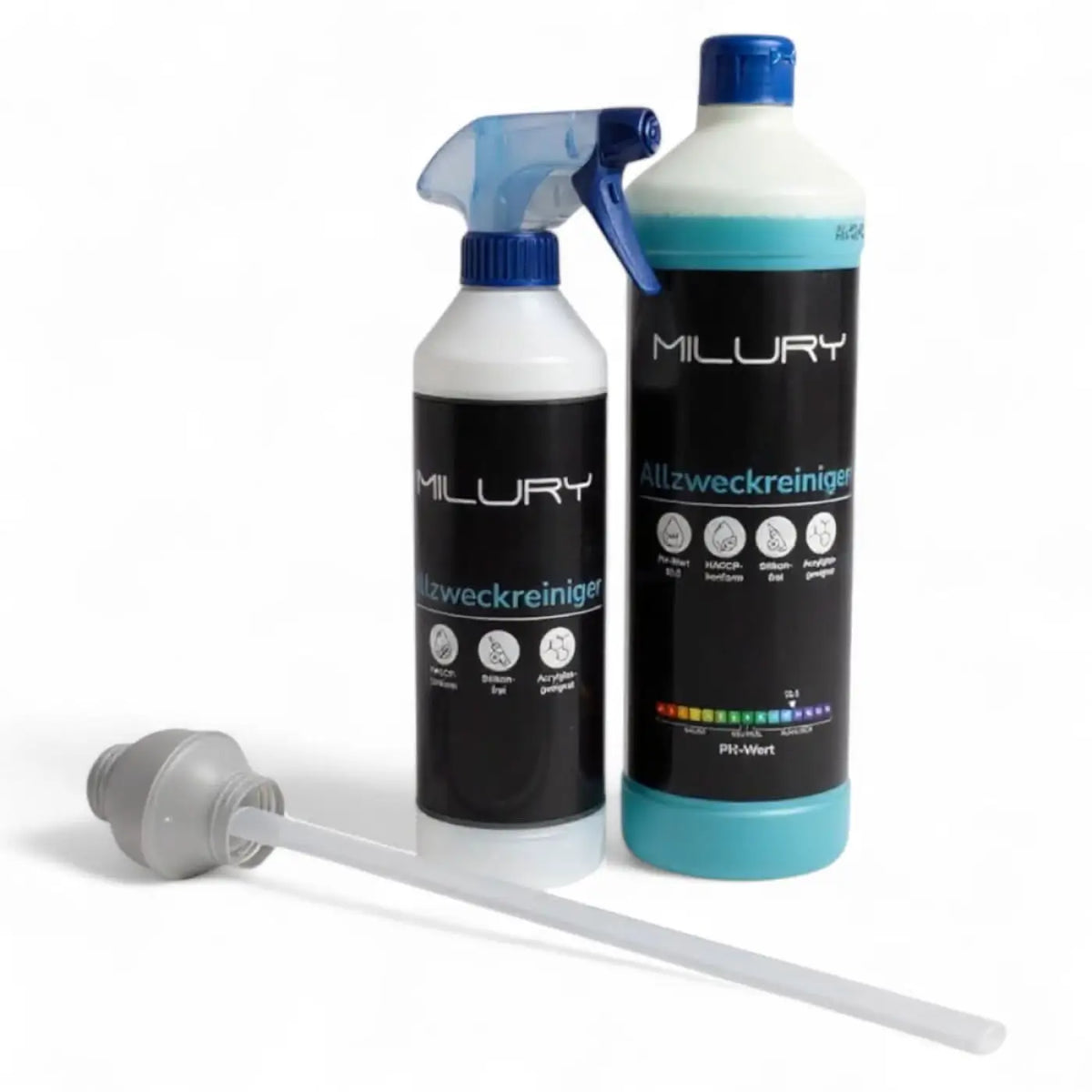 Milury allzweckreiniger set mit sprühflasche und dosierkugel 20 ml in weißen schwarzen und teal flaschen mit blauen verschlüssen