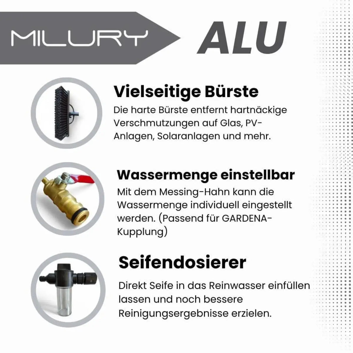 Milury aluminium profi-teleskopstange mit schwarzer borstenbürste, messing wasserhahn mit rotem griff und transparenter dosiereinheit