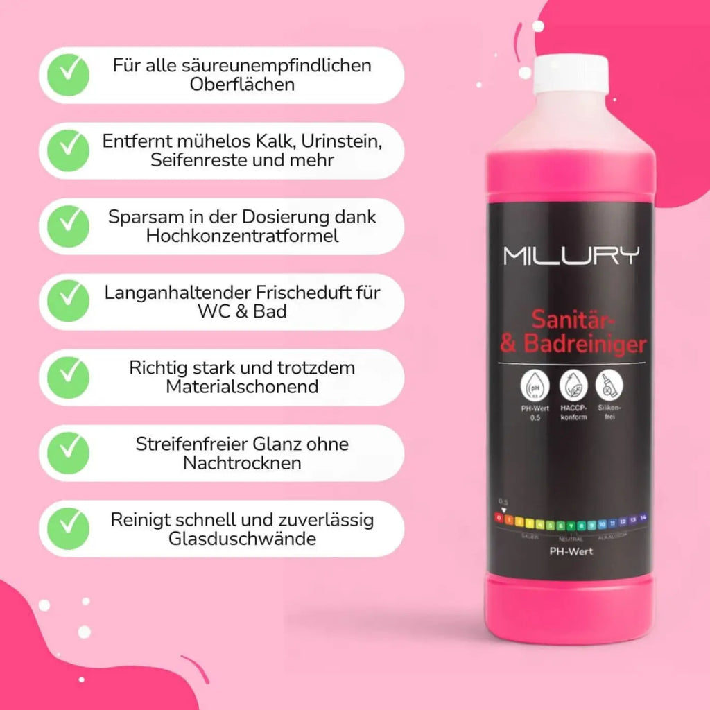 Rosa milury badreiniger und sanitärreiniger konzentrat 1 liter mit schwarzem etikett und weißem deckel