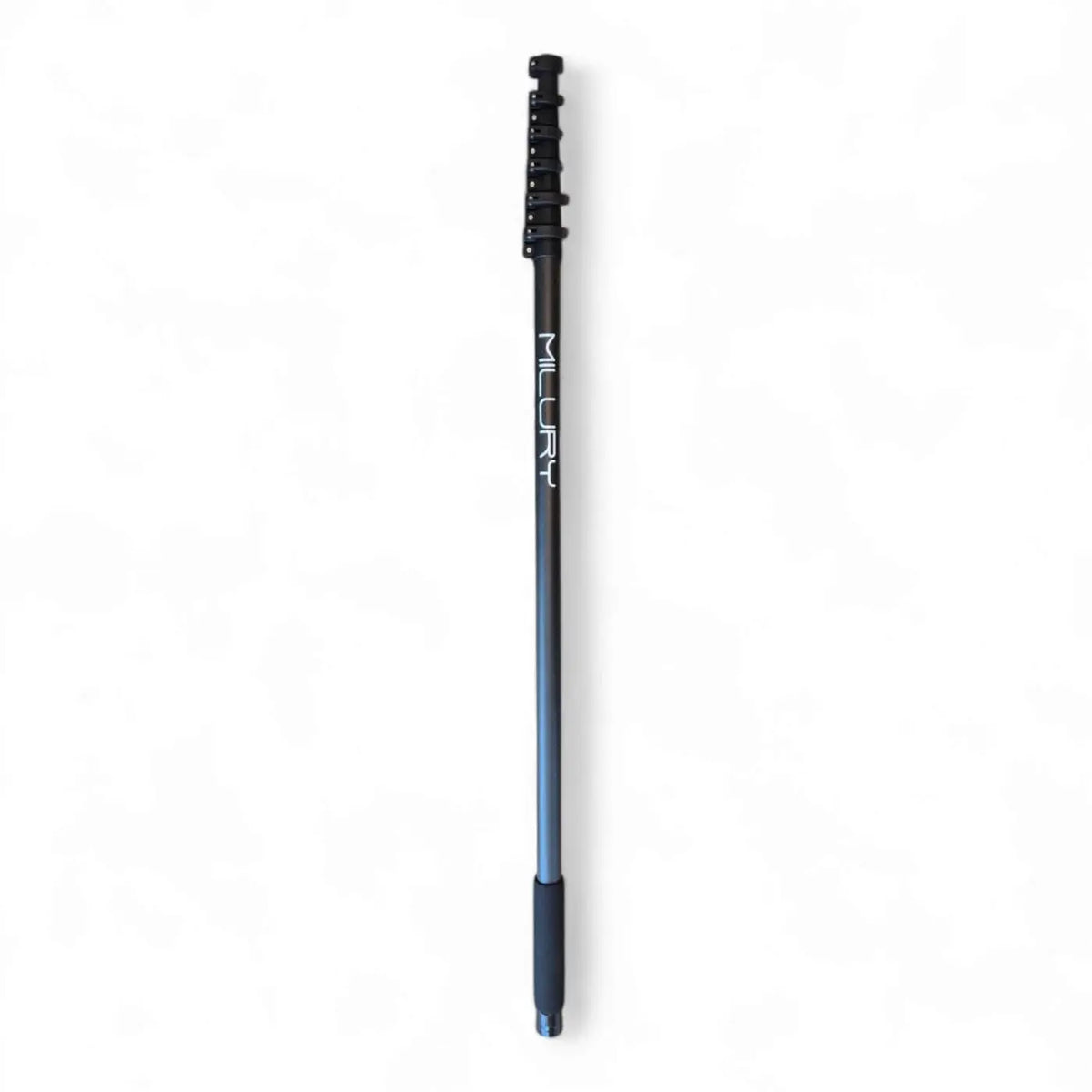 Schwarzer und blauer gradient carbonfaser profi teleskopstativ milury nex 3k vollcarbon mit milury branding