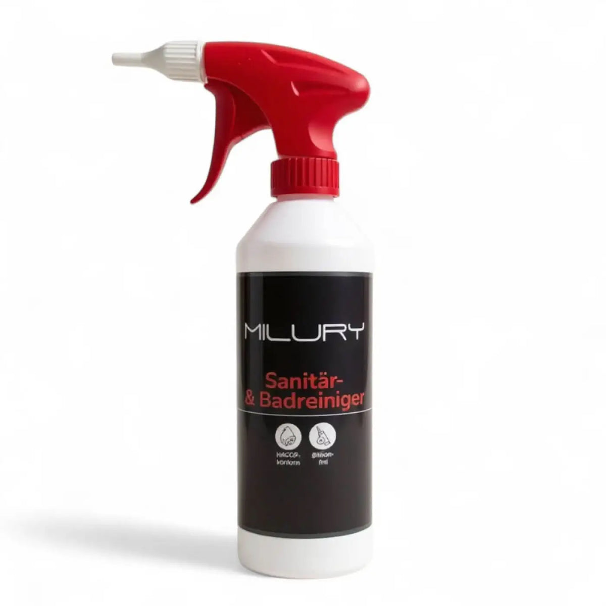 Rote und weiße sprühflasche milury sanitär- und badreiniger leer 500ml für hygienische reinigung