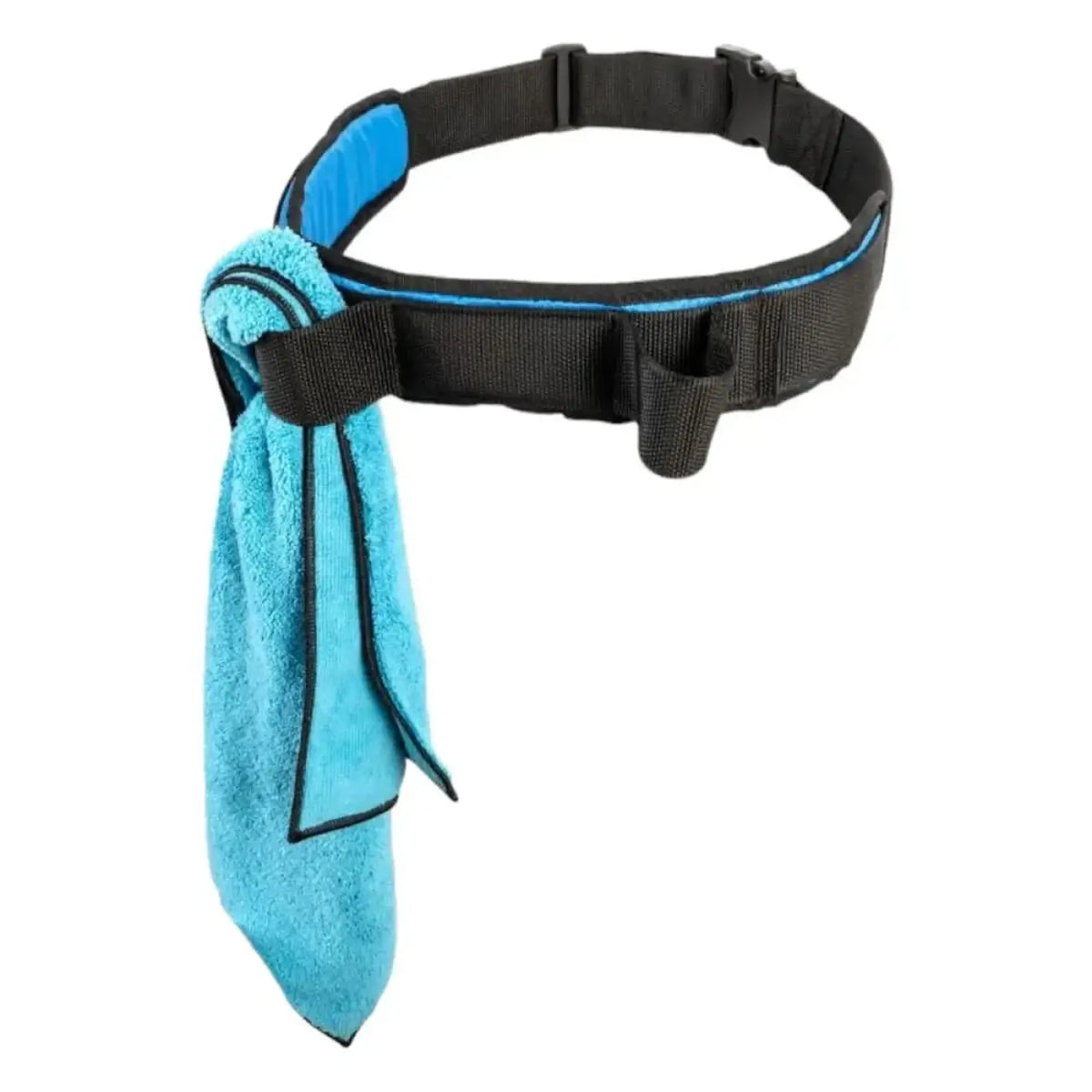 Moerman comfort belt gürtel schwarz und blau aus mikrofaser mit türkisfarbenem handtuch für fahrzeugpflege