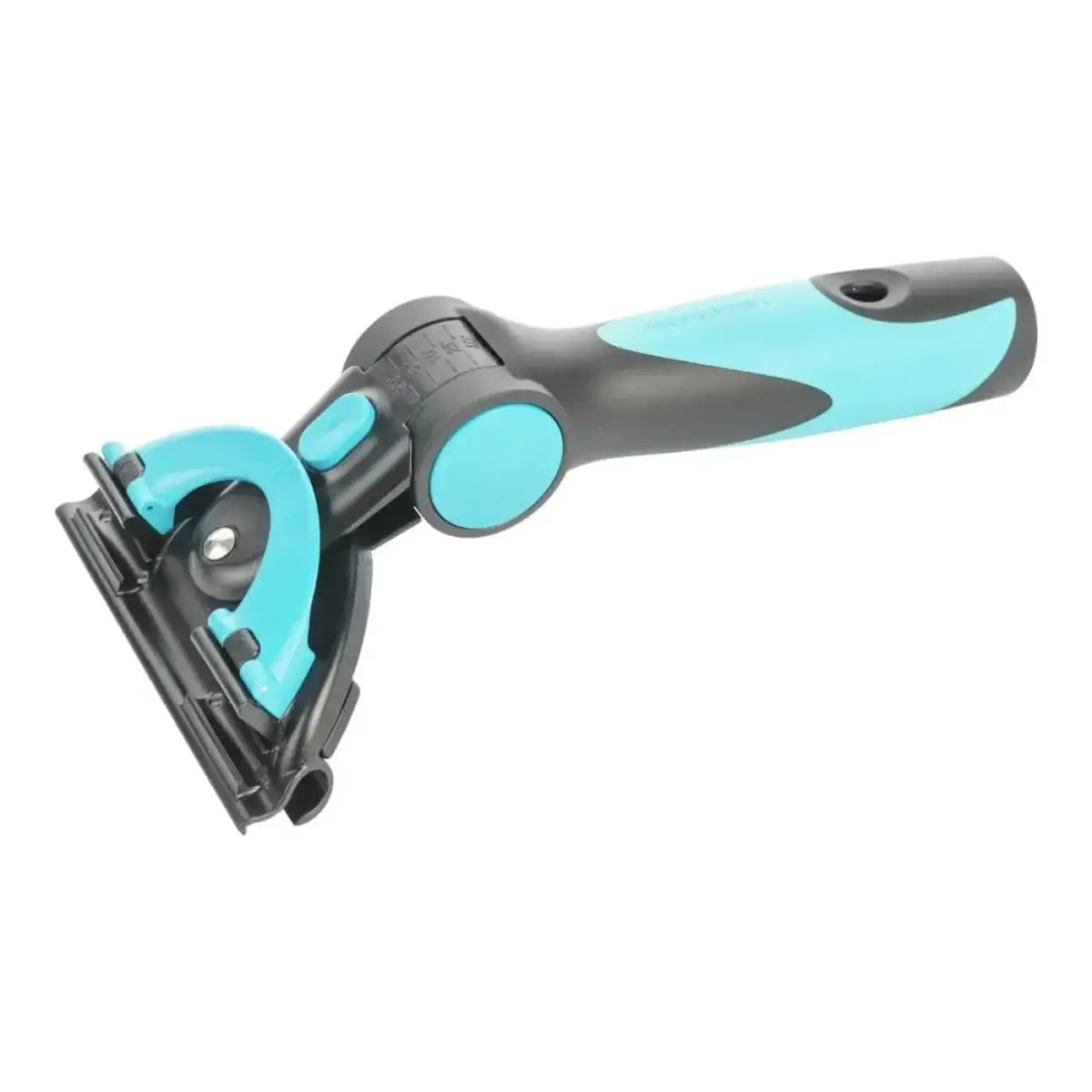 Teal und schwarze ergonomische griff mit verstellbarem rasiererkopf für präzises grooming am moerman excelerator fensterwischer griff 2.0